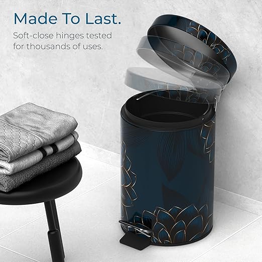 Sanilo Small Bathroom Trash Can with Lid [1.3 Gallon] - Lidded Tiny Trashcan for Garbage - Mini Metal Bin with Soft Closing Mechanism - Bath Room Accessoire Wastebin with Inner Bucket (Dahlia)