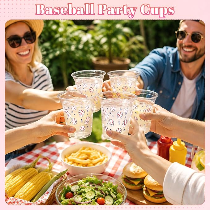 100 Pack 12 oz Baseball Cups, Baseball Party Decorations, Disposable Clear Plastic Baseball Cup, Baseball Themed Party Supplies for Birthday Sports Team Events Holiday Gatherings