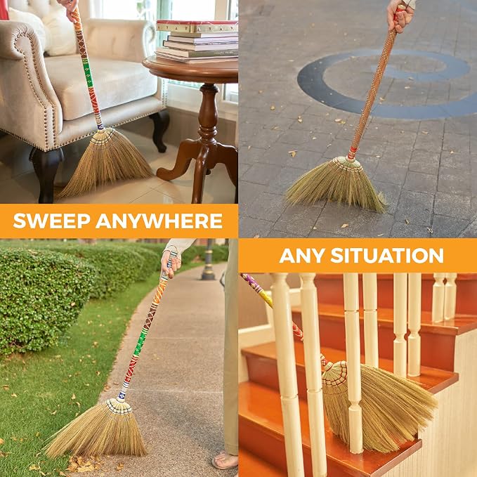Natural Grass Thai Broom Vintage Retro Embroidered Woven Nylon, Handmade Broom, Housewarming Gift, Witch Broom, Broomstick Bamboo Stick Handle, Kong Grass Broom, Durable Broom for Indoor & Outdoor