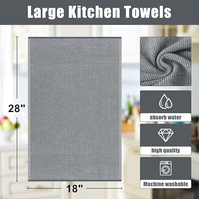 Homaxy Premium Kitchen Towels(18”x 28”, 3 Pack), Large Cotton Kitchen Hand Towels, Flat and Terry Dish Towels, 380 GSM Highly Absorbent Tea Towel Set with Hanging Loop, Navy Blue/Grey/Black