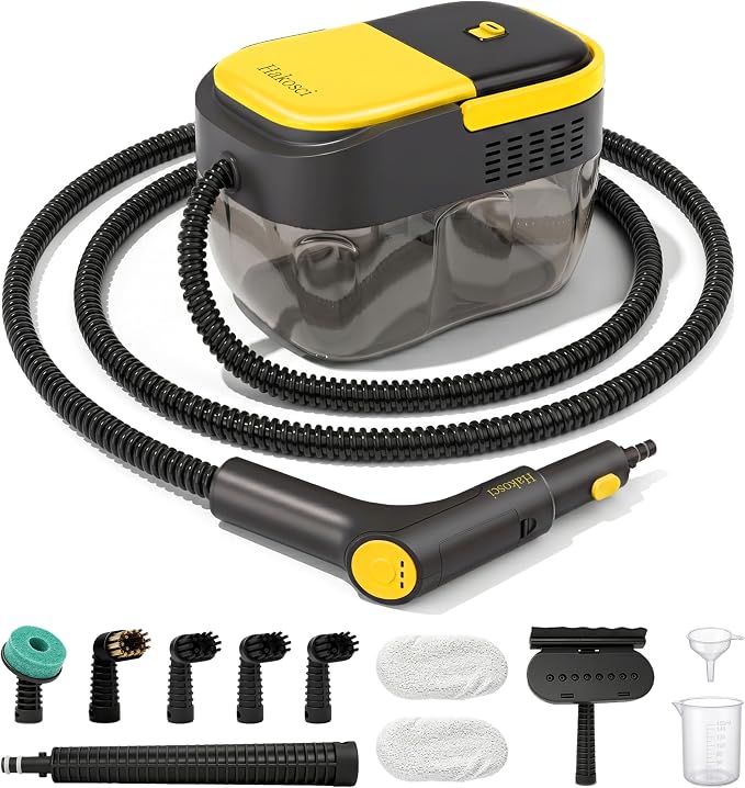 1500W Portable Steam Cleaner,10s Heat-Up,3-Level Adjustable Handle, 1.69 Quarts Large Tank,11 Pcs Accessories, Steamer for Home Dirt, Grout, Floor, Grease,and Car Detailing, Black-Yellow
