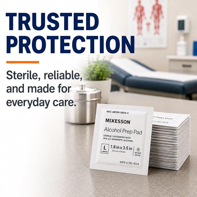 McKesson Alcohol Prep Pads, (100 Count) - Sterile, Individually Wrapped Wipes, 70% Isopropyl Alcohol, Large Size, 2-Ply, Medical Grade, First Aid, 1 Box