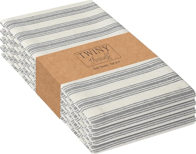 TWINY threads Set of 4 Farmhouse Stripe Kitchen Towels (18x26 Inches) Premium Tea Towels with Hanging Loop, Highly Absorbent 100% Cotton Bulk Kitchen Hand Towels for Drying Cleaning - Grey