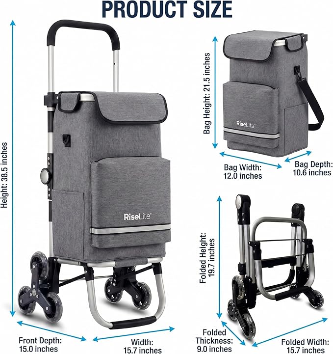 Stair Climbing Cart - Shopping Cart with Wheels for Stairs, Foldable Tri-Wheel Grocery Cart for Seniors & Apartments, 55L Bag with Insulated Cooler, Adjustable Handle, 110 Lbs, Waterproof