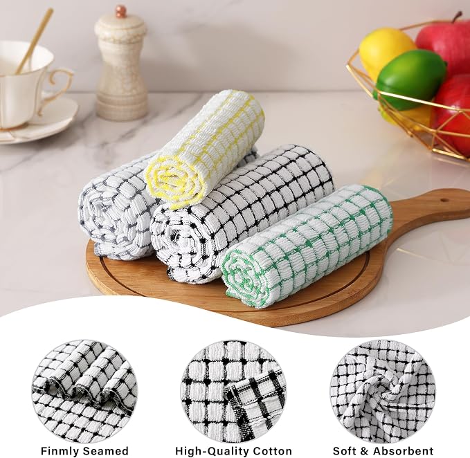 Kitinjoy Cotton 16 Pack Terry Kitchen Dish Cloths, 12 x 12 Inches Super Soft and Absorbent Dish Rags, Quick Drying Dish Towels for Washing Dishes, Multi-Colored