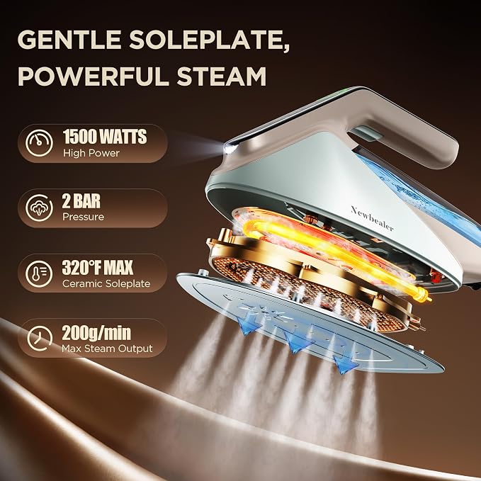 Newbealer Steam Generator Iron, 1500W Turbo Steamer for Clothes (Green) | 2 Bar Steam Pressure Clothes Iron, 4 Steam & 4 Dry Heat Modes, Fast Heat-Up, 350ml Detachable Tank, Auto-Off, Self-Cleaning