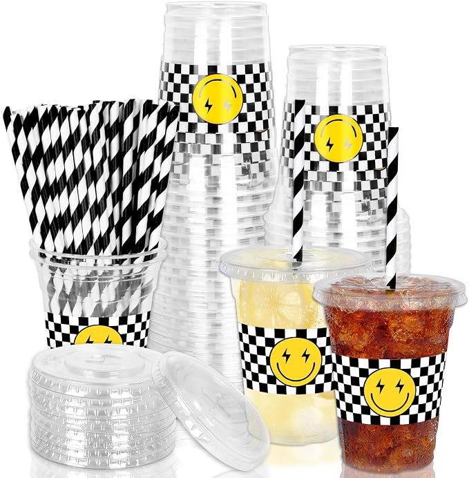 Whaline 50 Pcs One Happy Dude Disposable Plastic Cups with Lids and Straws 12 Oz Smile Face Checkered Cold Beverage Drinking Cups for Birthday Baby Shower Favors