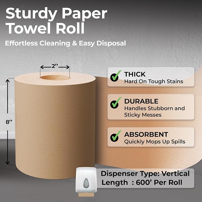 Restaurantware Paper Towel 12 Roll Case 600' 1-Ply Brown Paper Towel Roll Non-Perforated Absorbent Commercial Universal Core Kitchen Restroom Use