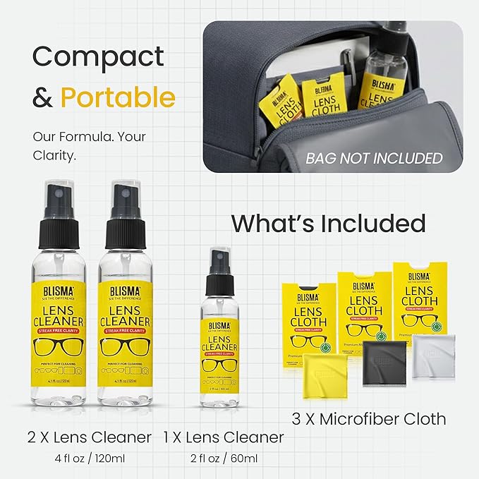 Lens Cleaner Spray & Microfiber Cloth Kit – 1 × 60 ml + 2 × 120 ml Lens Cleaner + 3 × 150×180 mm Ultra-Soft Microfiber Cloths (Yellow, Black, White) – Pack of 6