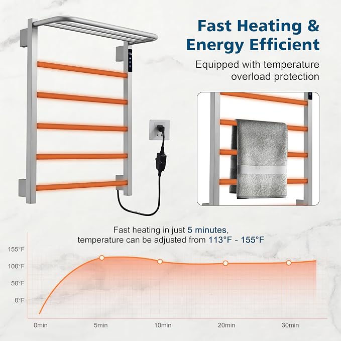 Heated Towel Racks for Bathroom, Hot Towel Warmer with 24hr Timer Stainless Steel Wall Mounted Electric Towel Warmers for Bathroom (Nickel, 5-Bar)
