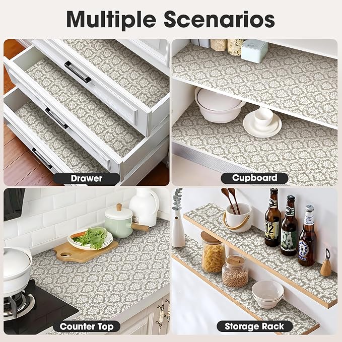 Drawer and Shelf Liner, Non-Slip Kitchen Cabinet Liners Non-Adhesive Thick Strong Grip Waterproof Washable Mats Protect Dresser Shelves Cupboard Bathroom Cabinets, Boho: Beige, 24 in X 30 FT
