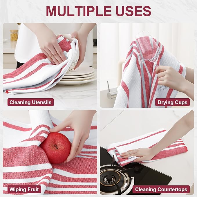 Homaxy Premium Kitchen Towels 18”x 28”, Large Cotton 380 GSM Kitchen Hand Towels, Stripe and Terry Dish Towel, Highly Absorbent Tea Towel Set with Hanging Loop, 3 Pack, Red