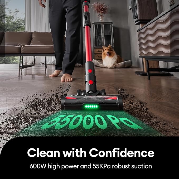 Ultenic Cordless Vacuum Cleaner, 600W 55Kpa 60Mins Runtime, Stick Vacuum Cordless with 180°Bendable Wand, Anti-Tangle Brush, Vacuum Cleaners for Home/Pet Hair/Carpet/Floor (Red)
