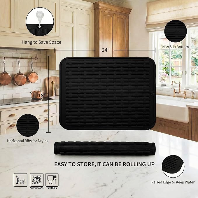 MicoYang Silicone Dish Drying Mat for Multiple Usage,Easy clean,Eco-friendly,Heat-resistant Silicone Mat for Kitchen Counter or Sink,Refrigerator or Drawer Liner Coffee 2XL 24 inches x 18 inches
