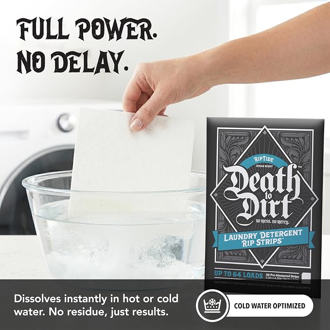 Death to Dirt Laundry Detergent Sheets, 192 Loads, Tough on Stains and Odors, Gentle on Skin and Fabric, Plant-Based & Eco-Friendly, RipTide Ocean Scent, 32ct (3 Pack)