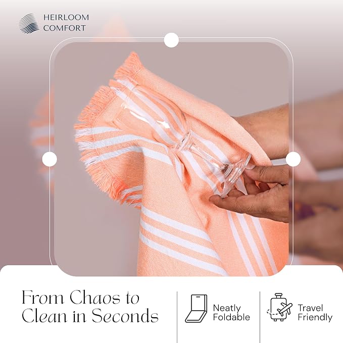 12 Pack Monochrome Stripe Dish Towels with Fringes, 16x26 Inch, 100% Cotton, Ultra Absorbent & Reusable, Quick Drying Kitchen Towels for Cleaning, Cooking, Drying, Easy Care, Orange