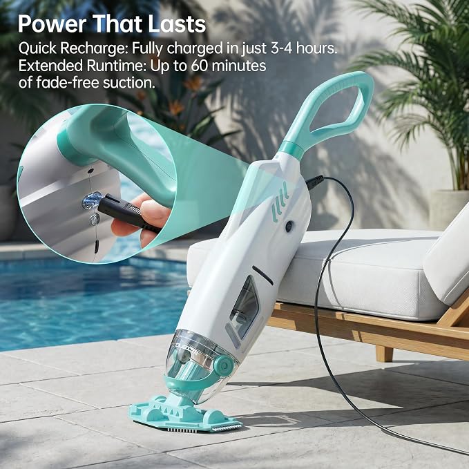 Cordless Handheld Pool Vacuum 18.5 GPM, Above Ground Pool Vacuum Cleaner with 60 Mins Runtime & 6ft Telescopic Pole, 45W Strong Suction Hot Tub Vacuum for Pools, Spas, Steps, Sand, Leaves