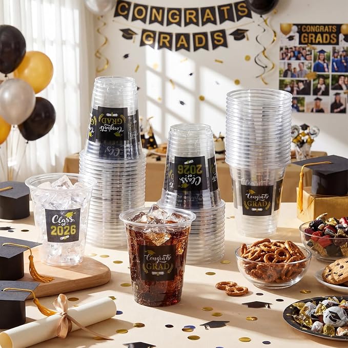 Amyhill 100 Pack 12oz Graduation Cups 2026 Graduation Decorations Disposable Plastic Cups Sturdy&Durable Drinkware for Class of 2026 Decorations Congrats Grad Party Favors Supplies (Black)