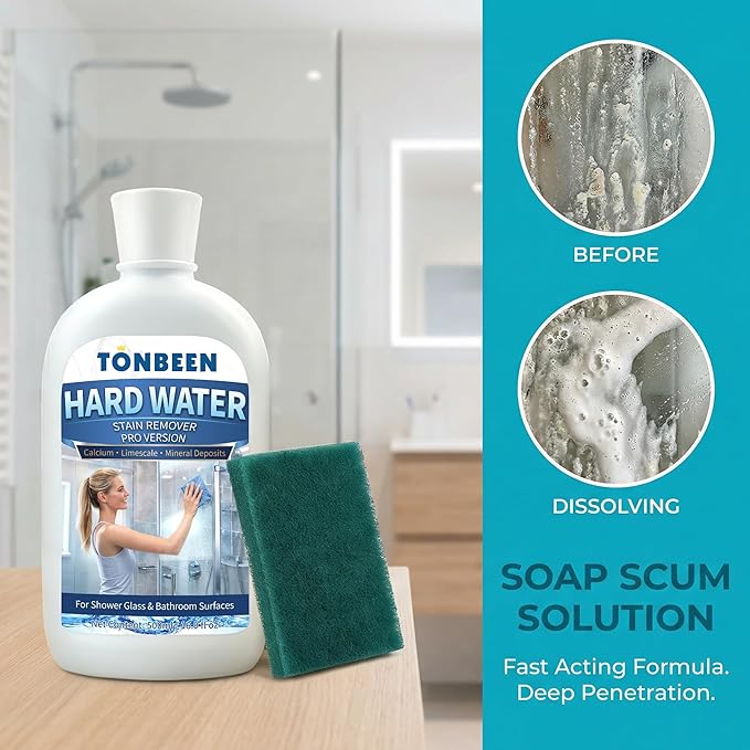 Hard Water Stain Remover Paste with Polishing Pads Calcium & Limescale Cleaner for Shower Glass, Shower Doors & Tiles, Includes 800 & 1200 Grit Pads, 500ml, 16.9fl oz
