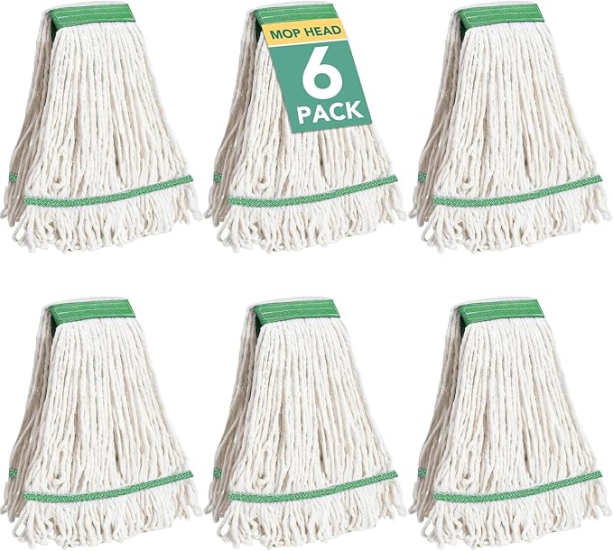 6 Pack Commercial Mop Head Replacement – Heavy Duty Mop Head for General and Floor Cleaning | Industrial Wet Mops | Washable Refill, Reusable, Looped End Mopheads | Hardwood, Concrete（White）