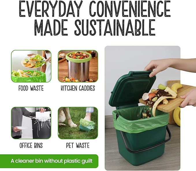Eco Green Living 100% Compostable Caddy Liners, Biodegradable Food Waste Bags. Plastic & BPA-Free 10L Bin Liners, Vegan, Recyclable, Leakproof Kitchen Waste Bags, 6 Pack,108 Bags