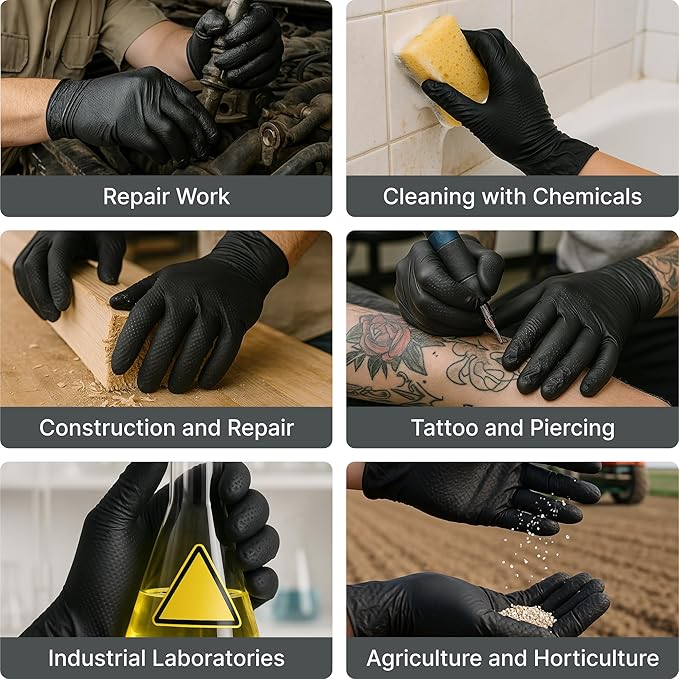 Disposable 5 & 8 Mil Black Nitrile Gloves S-XL – Heavy Duty Latex & Powder-Free – Textured, Chemical-Resistant
