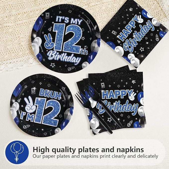 96 Pcs 12th Birthday Decorations for Boys Blue and Black Plates and Napkins Disposable Glitter It's My 12th Birthday Party Supplies for Boys Kids Teenager 12 Years Old Party Decor，Serves 24