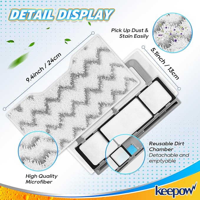 KEEPOW Reusable Mop Pads Refills, Mop Replacement Pads Compatible with Mop VM252 VM200 VC205 VM250 /QM250 VM190 VM200P12, Hardwood Floor Mop Pad with Upgraded Dirt Chamber