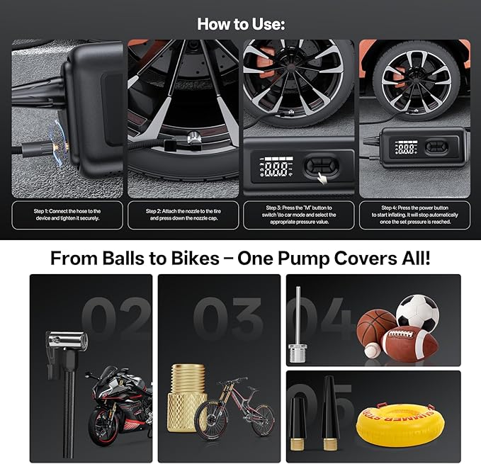 Tire Inflator Portable Air Compressor with Electric Air Duster and Car Jump Starter: 150PSI Cordless Bike Pump - 130000RPM - 1000A up to 6.0L Gas and 3.0L Diesel Engine for Cars, Outdoor, Home
