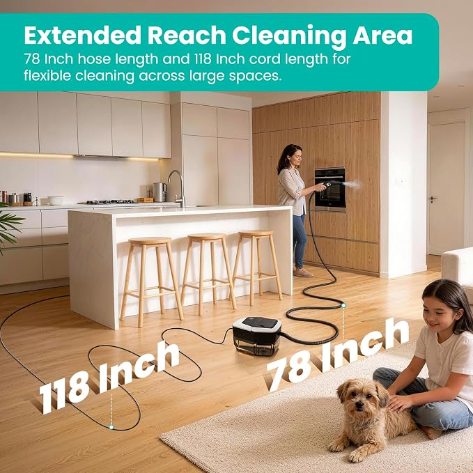 Portable Handheld Steam Cleaner, 4Bar High Pressure Steamer, 15s Fast Heat Up, 3Level Adjustable Handle, 1800ml Large Tank, 20 Accessories for Home, Car Detailing, Grout, Tile, Carpet Cleaning