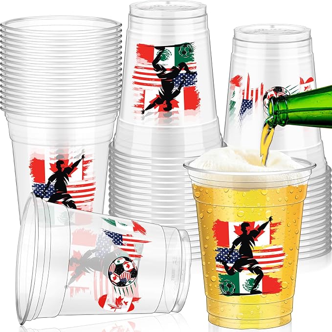 Jingmore 50 Pcs Soccer Plastic Cups 12 oz International Countries Soccer Disposable Plastic Cups Thick Clear Drinkware for Sports Games Party Supplies (Flags)