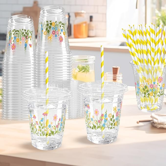 50 Sets Flower Daisy Plastic Cups 12 oz Floral Disposable Cups Spring Daisy Party Favor Drinking Beverage Cup for Baby Shower Birthday Party Supplies