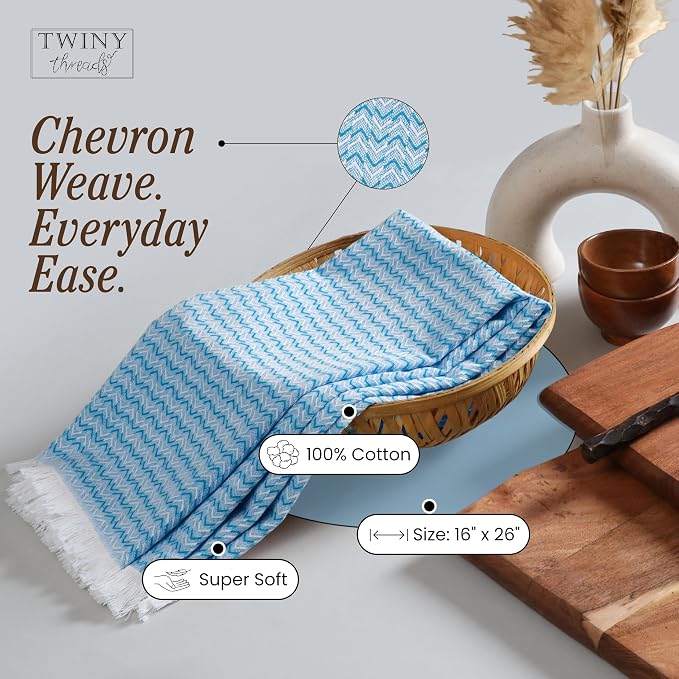 TWINY threads Kitchen Dish Towel Chevron Weave, Large Premium 100% Cotton Kitchen Linen Set, Absorbent Dish Rags for Drying Dishes, Quick Drying Washable Reusable, 4 Pack, 16x26 Inch, Turquiose Blue