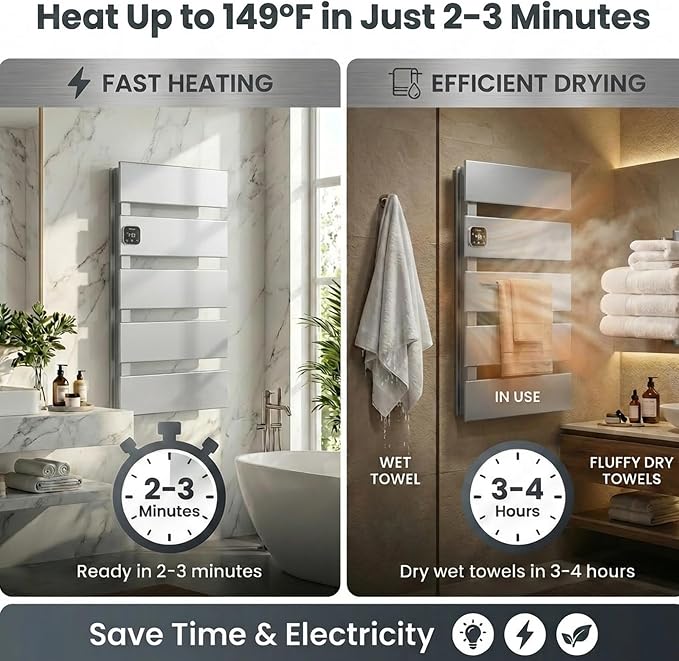 L Series Electric Towel Warmer for Bathroom, 5 Panel, Silver | Thermo Control and Timer, Fast Heat in 3 Mins, Dry Towels in 4 hrs, Memory Function, Work with Smart Plug, Left-Wiring
