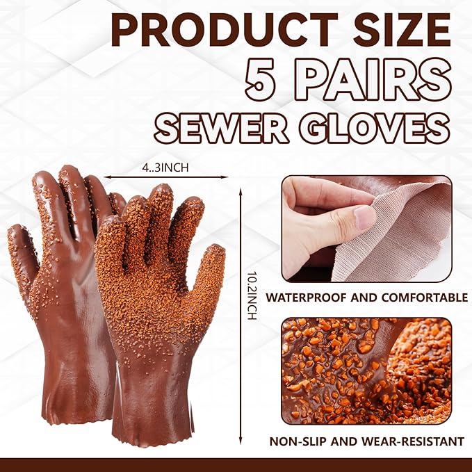 5 Pairs Sewer Snake Glove PVC Non Slip Sewer Gloves Drain Cleaning Glove Plumbing Tools for Professional Plumber