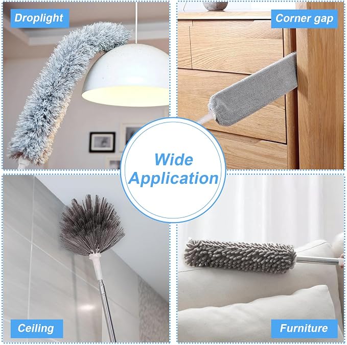 Duster for Cleaning 5-in-1 Kit, 100 Inches Duster with Extension Pole, Extendable Duster, Microfiber Feather Duster, Cobweb Dusters for High Ceilings, Furniture, Blinds, Wall- Grey