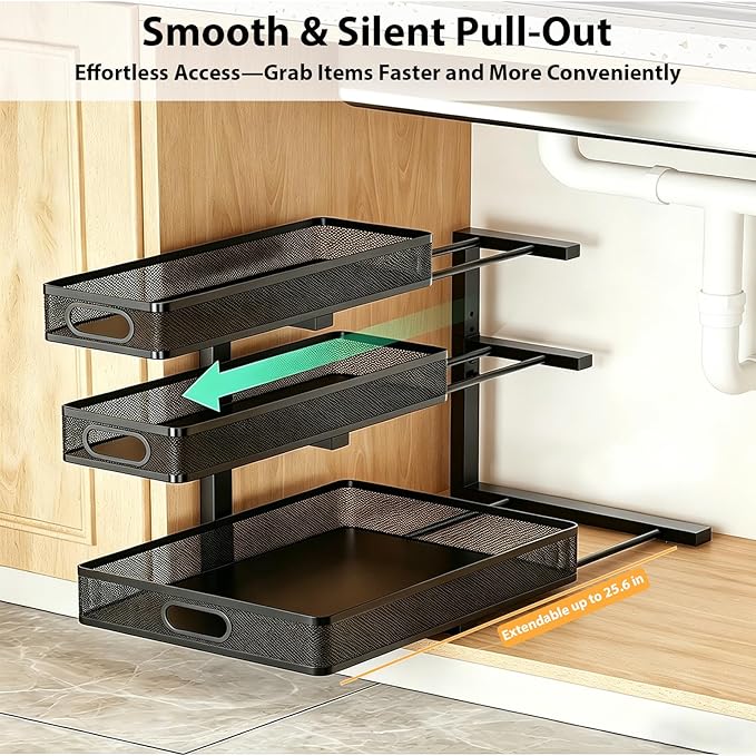 2 Pack Under Sink Organizer, 3-Tier Pull Out Kitchen Cabinet Organizer, Height Adjustable Metal Slide Out Bathroom Storage Makeup Drawer Rack for Bedroom Office Laundry Pantry Home Organization, Black