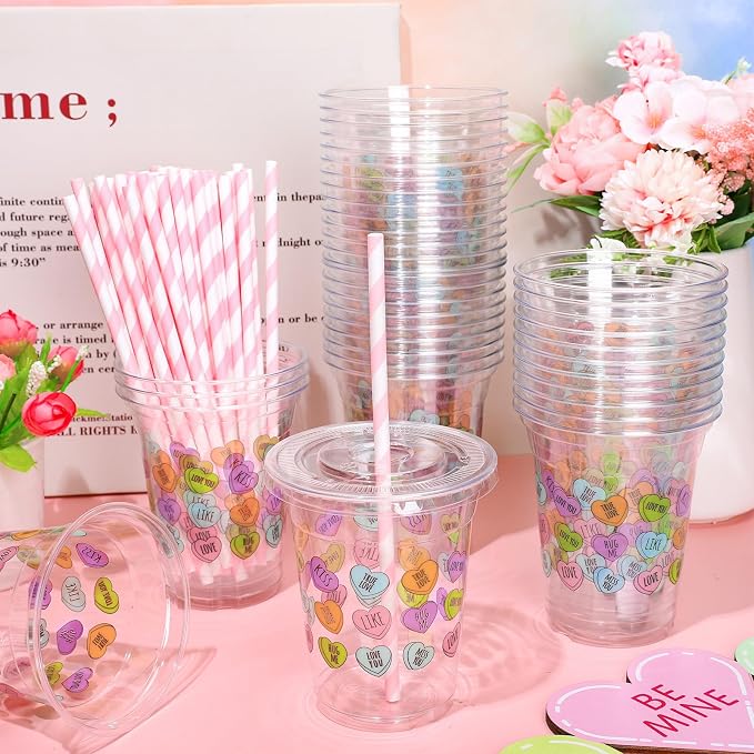 JarThenaAMCS 50Pcs Valentine's Day Disposable Plastic Cups With Lids And Straws 12oz Romantic Conversation Heart Decoration Love Heart Cups for Dinner Anniversary Party Supplies
