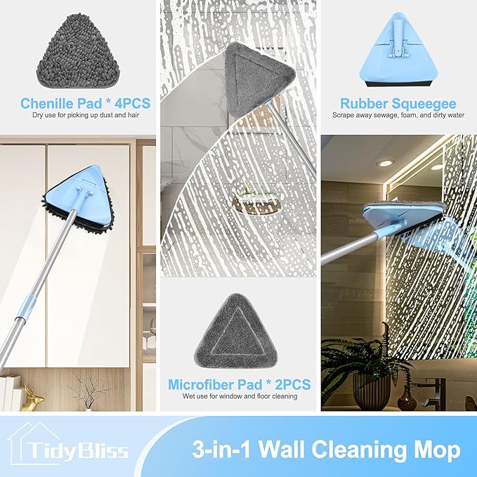 Wall Cleaner Mop with 80” Long Handle, 360° Swivel Ceiling Duster Scrubber with Collapsible Head, Baseboard Cleaning Tool with 4 Chenille and 2 Microfiber Pads for Windows Floor (Blue)