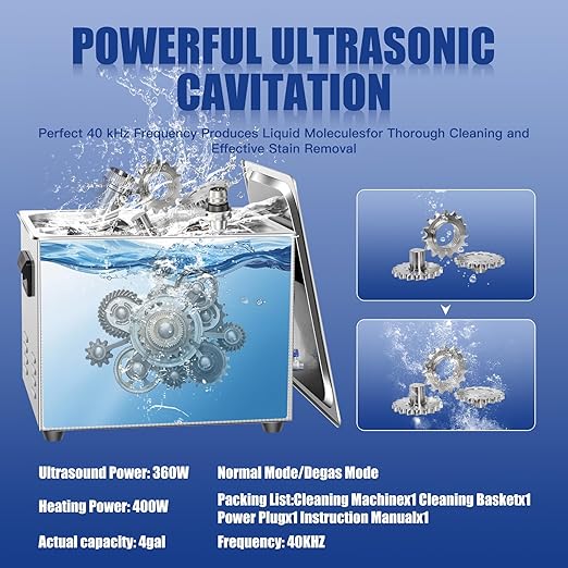 Industrial 15L Ultrasonic Cleaner with Heater & Degassing 110V 360W Commercial Grade for Automotive Parts, Tools, PCB Carburetors 40kHz Stainless Steel Tank, Digital Timer Ultrasonic Cleaning Machine