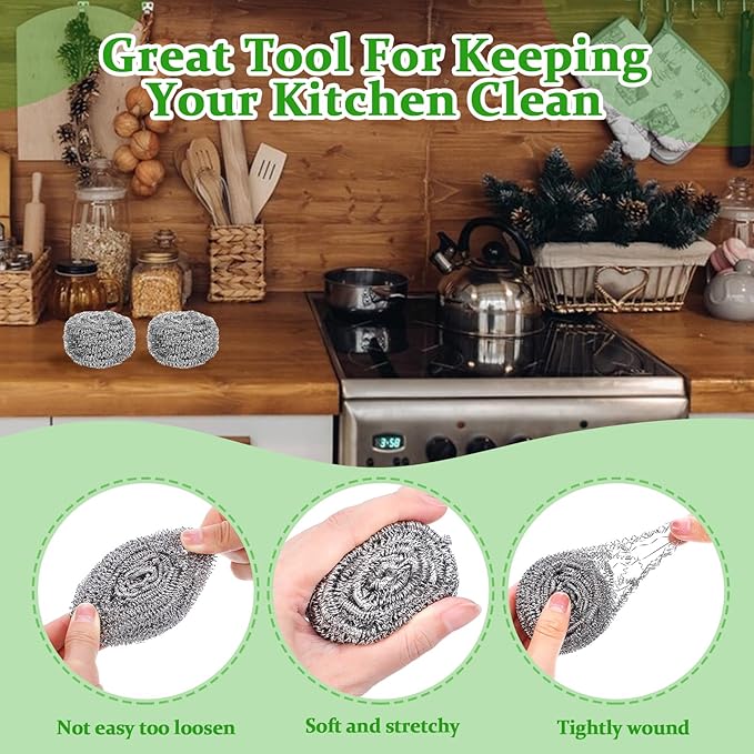 72 Pieces Stainless Steel Scrubber Bulk Steel Wool Scrubber Metal Sponge Wire Scouring Pad Heavy Duty Clean Dish Pot Pan and Oven for Kitchen, Bathrooms, and More