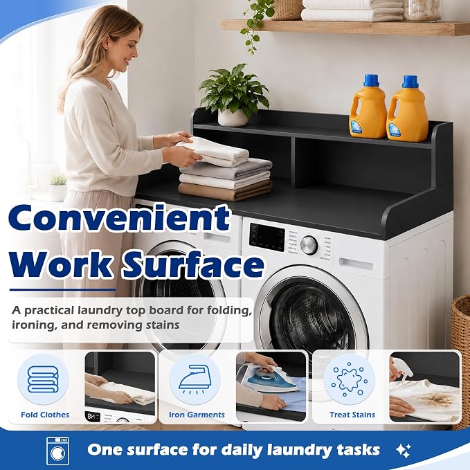 Royxen Laundry Countertop with Storage Universal Fit, Washer and Dryer Countertop with Shelf, Laundry Room Storage, 2-Tier Shelf (Black)