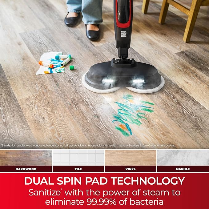 Kenmore SM2070 S300 Series Steam Spin Mop for Scrubbing and Sanitizing | 2 Modes, XL Water Tank, Swivel Steering, LED Headlights, Powerful Corded Steam Cleaner for Floor Cleaning, Hardwood and Tile