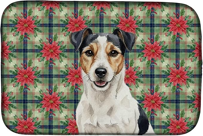 Caroline's Treasures Parson Russell Terrier Christmas PoinsettIas Dish Drying Mat Absorbent Dish Drying Mat Pad for Kitchen Counter Dish Drainer Mat for Countertop, 14 x 21", Multicolor