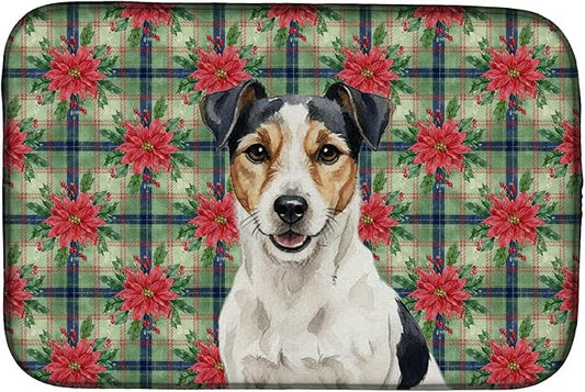 Caroline's Treasures Parson Russell Terrier Christmas PoinsettIas Dish Drying Mat Absorbent Dish Drying Mat Pad for Kitchen Counter Dish Drainer Mat for Countertop, 14 x 21", Multicolor