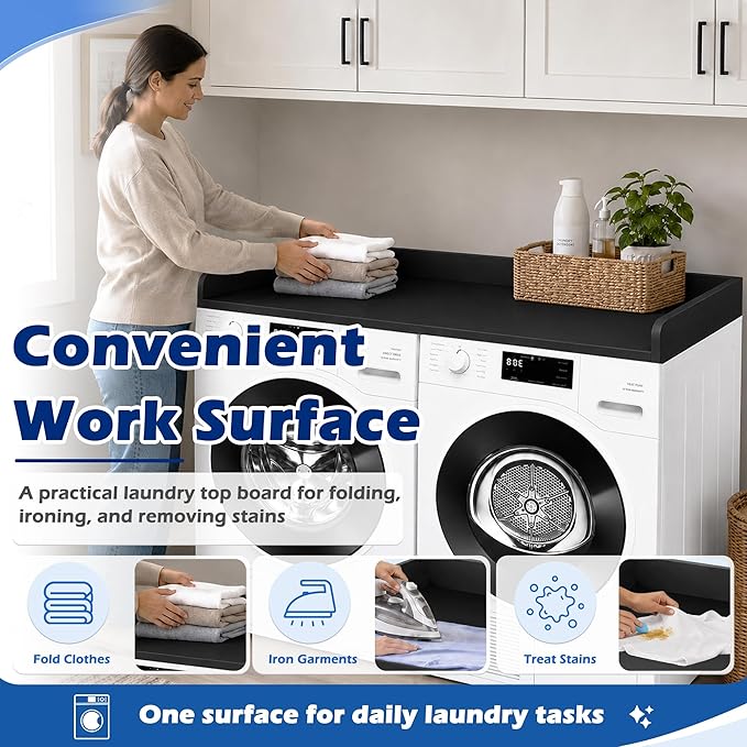 ROYXEN Washer Dryer Countertop, Laundry Countertop Solid Wood Core, Countertop for All Front-Loaded Washing Machine and Dryer, Extra Room for Laundry Room, Black