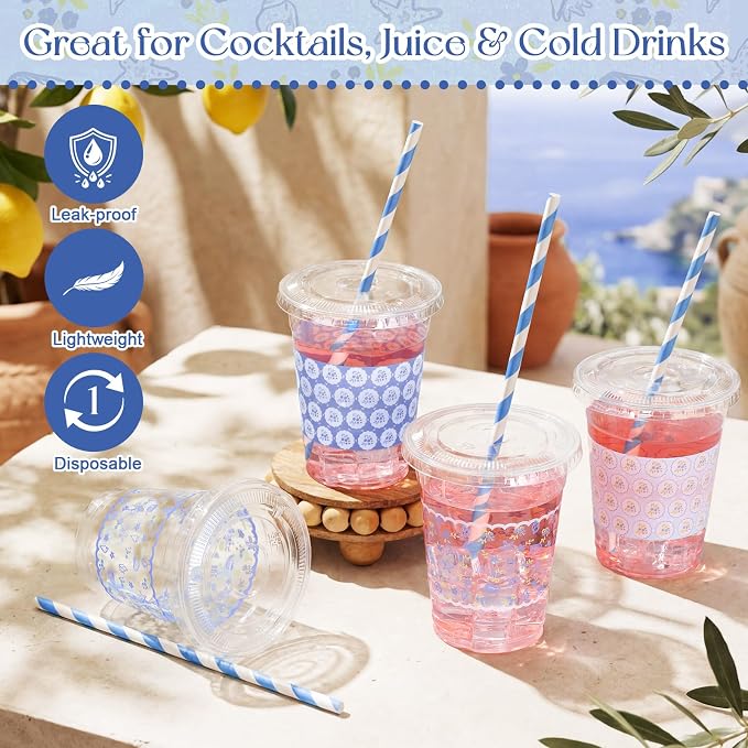FoldTier 60 Pcs Coastal Cottage Blue Floral Cups with Lids and Straws, 12 oz Disposable Plastic Beach Party Cups for Ocean Summer Party Favor, Bridal Shower, Baby Shower, Bacheloretteparty Decoration