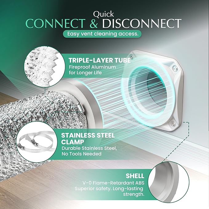 Magnetic Dryer Vent Connector Kit with 2.6ft Hose, 4 Inch ABS Snap-On Quick Connect for Tight Spaces, Airtight Seal Dryer Exhaust Venting Hookup Adapter for Laundry Room, SDV180