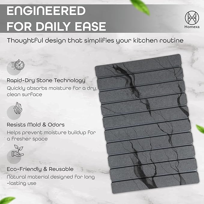 Stone Dish Drying Mat 24" x 16" – Dish Drying Stone – Large Diatomaceous Earth Drying Mat with Non-Slip Base – Quick Dry Kitchen & Bathroom Drying Pad for Dishes Marbled Dark Grey)