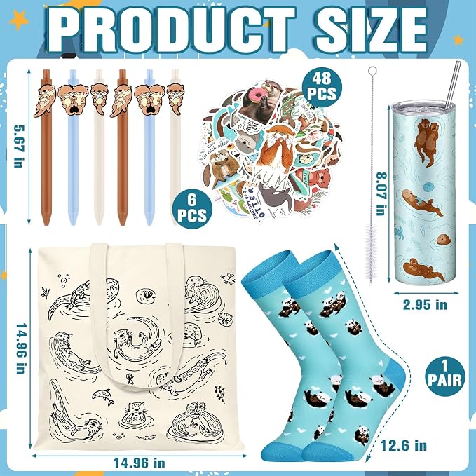 57 Pcs Sea Otter Gifts Set for Women 20 oz Tumbler Canvas Bag Pen Socks Stickers Otter Lover Stuff Accessories Gift for Christmas Mom Sister Friends Office School Birthday Party Supplies